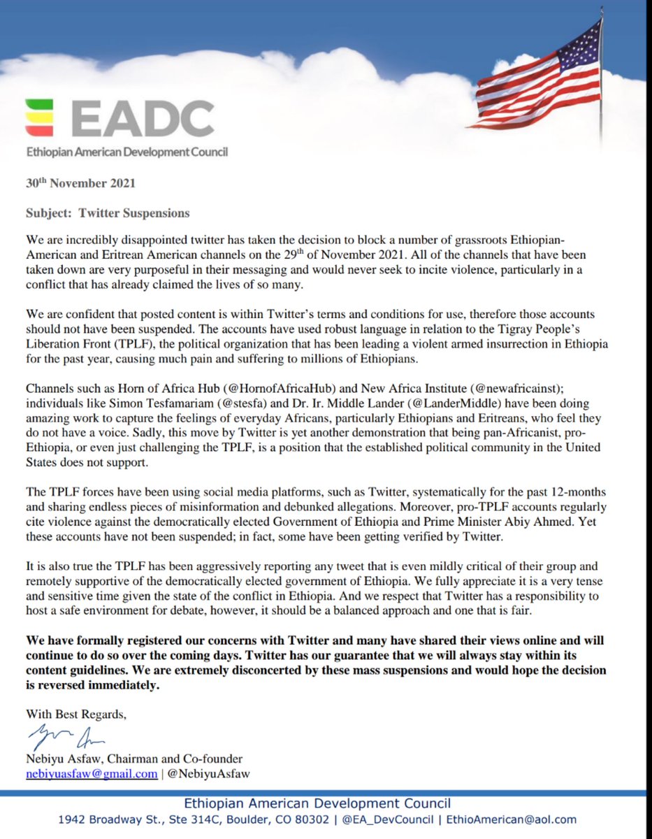 EA_DevCouncil's tweet photo. We are disconcerted by @Twitter's decision to block HOA-Hub, @stesfa &amp; other grassroot accts. Sadly, it's yet another demo that Pan-Africanism is a position the establ. doesn't support. We've formally registered our concerns w/Twitter &amp; hope the decision is reversed ASAP. #NoMore https://t.co/J4zmySZFto
