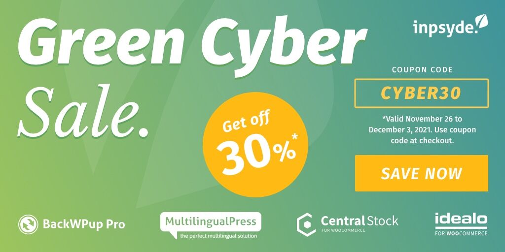 syde_gmbh's tweet photo. Don't miss these amazing Green Cyber Week #Deals! 🍃 30% #Discount 💰 on our #WordPress #Plugins #BackWPup, #MultilingualPress, CentralStock for #WooCommerce, and #idealo for WooCommerce. Valid until December 3! 🕕 #Sale
➡ https://t.co/d1Iz4aXbs7 https://t.co/oyRo164q20
