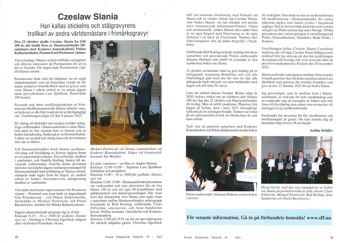 PLinstStockholm's tweet photo. 🇸🇪Filatelistisk Tidskrift -#Filatelisten publicerade #AnithaSchäfer s artikel om ”stickelns & stålgravyrens trollkarl” #CzesławSłania som är ett reportage om hur Słanias 100-årsdag uppmärksammades i Stockholm av bl a #Slaniasamfundet,#Postmuseum,@PostNordSverige& @PLinstStockholm https://t.co/YA3CNRxUQi