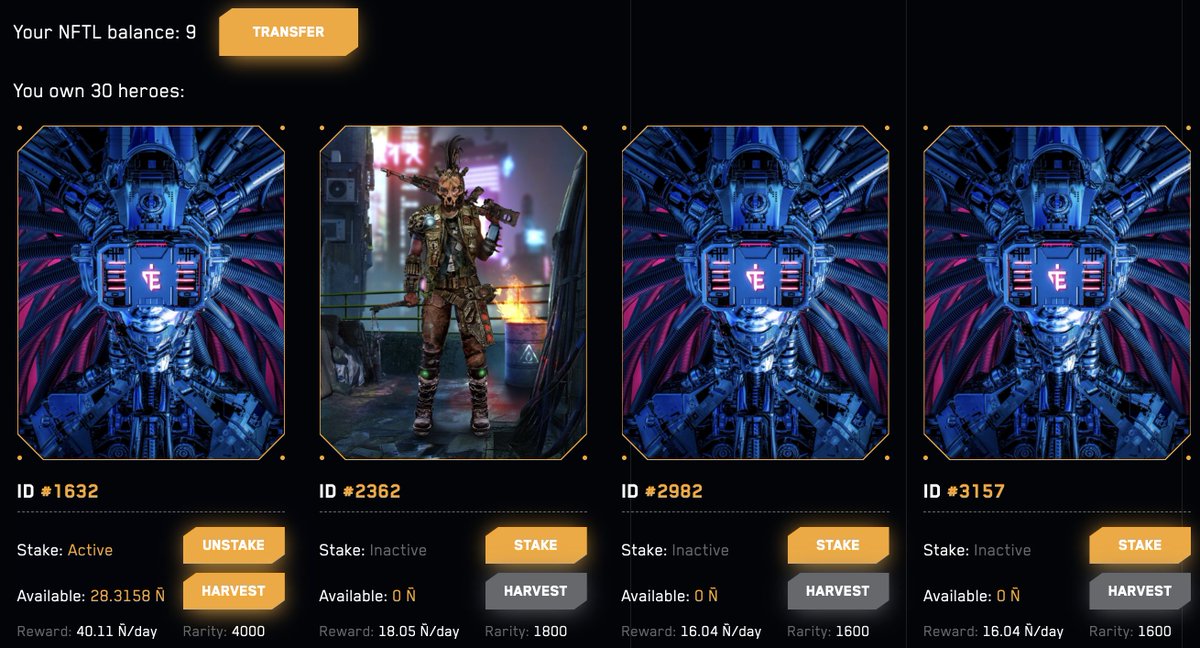Staking is on the way! Just some tests on the Ropsten network. Staking allows you to harvest one time welcome bonus (1year) and earn NFTL token on a daily basis (depends on rarity). You will use NFTL in a battles or for armor purchases.