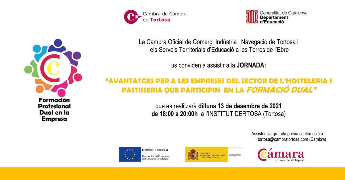 Cambra Tortosa (@cambratortosa) on Twitter photo 📌 El dilluns 13 de desembre, de 18h. a 20h. a l’ INSTITUT DERTOSA (Tortosa), tindrem aquesta interessant jornada: “Avantatges per a les empreses del sector de l’Hosteleria i Pastisseria que participin en la FORMACIÓ DUAL”. Cal confirmar assistènia: tortosa@cambratortosa.com 📌 El dilluns 13 de desembre, de 18h. a 20h. a l’ INSTITUT DERTOSA (Tortosa), tindrem aquesta interessant jornada: “Avantatges per a les empreses del sector de l’Hosteleria i Pastisseria que participin en la FORMACIÓ DUAL”. Cal confirmar assistènia: tortosa@cambratortosa.com