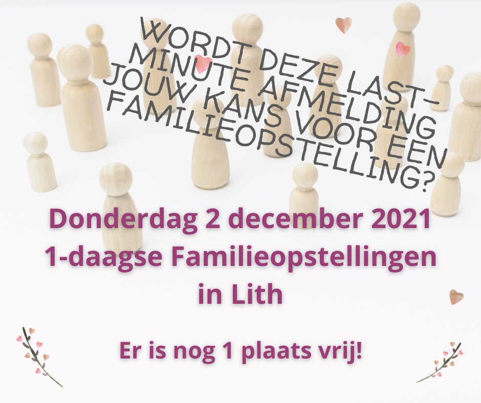 Grijp je kans! Voor morgen hebben we nog plaats voor 1 deelnemer die graag een vraag voor een familieopstelling zou willen inbrengen. 
Aanmelden voor deze plek: lnkd.in/dRBnYM-x
#familieopstellingen #persoonlijkegroei #bewustwording