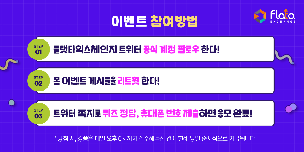 flataexchange's tweet image. 🎉#플랫타익스체인지 #트위터 #퀴즈 #이벤트 빈칸채우고 선물받자!🥳

#플랫타익스체인지 #팔로우+ #리트윗 하고 #퀴즈 빈칸 채우면? 선착순 400명께 #CU 모바일 1천원 #상품권 증정!

기간: 2021년 12월 1일 오후6시~ 12월 8일 오후6시
응모방법: 이미지참고

▶️ 웹 바로가기 flata.exchange