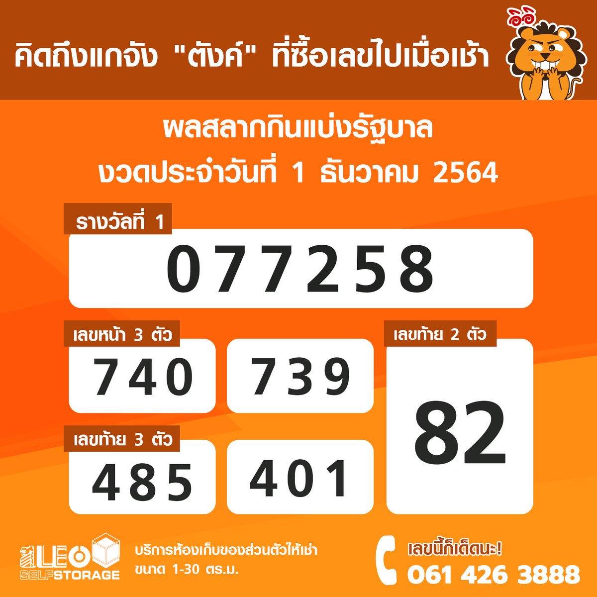 leoselfstorage's tweet photo. คิดถึงแกจัง "ตังค์" ที่ซื้อเลขไปเมื่อเช้า

ผลการออกสลากกินแบ่งรัฐบาล งวดประจำวันที่ 1 ธันวาคม 2564

รางวัลที่ 1 👉🏻 เลขที่ออก 077258
รางวัลเลขท้าย 2 ตัว 👉🏻 82
รางวัลเลขหน้า 3 ตัว 👉🏻 740, 739
รางวัลเลขท้าย 3 ตัว 👉🏻 485, 401

#สลากกินแบ่งรัฐบาล
#ตรวจหวย
#หวย
#LEOSelfStorage https://t.co/rjlbSeAQEV