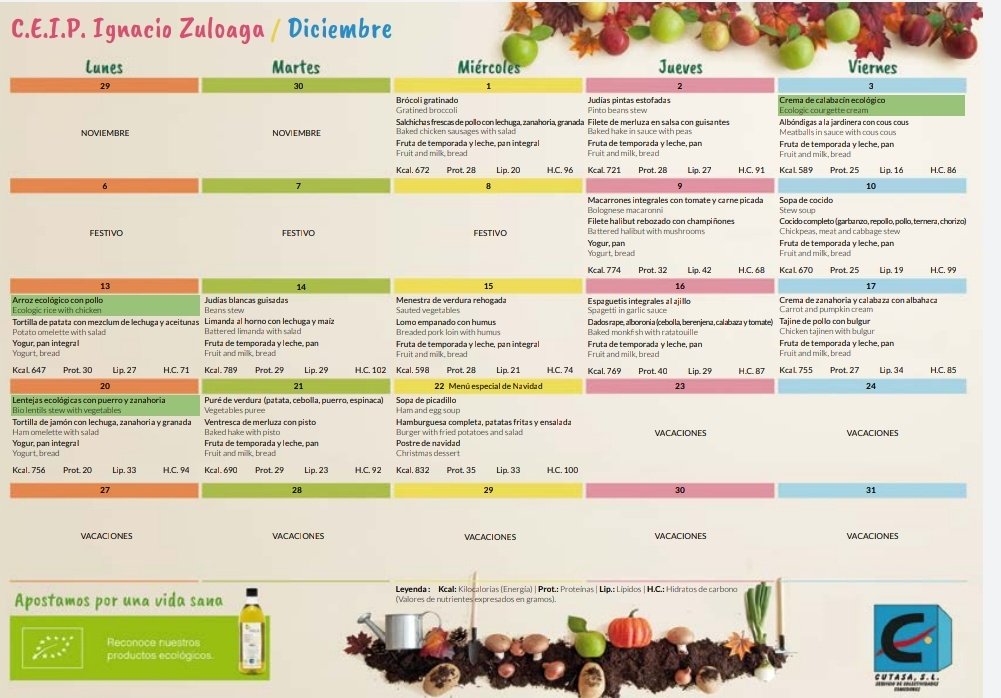 Menú comedor diciembre