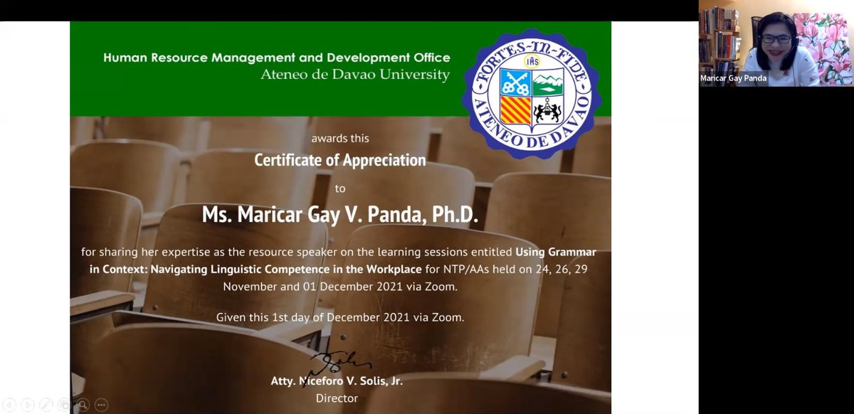hrmdo_addu's tweet photo. We would like to thank all NTP/AAs who participated in our recently concluded learning sessions on "Using Grammar in Context: Navigating Linguistic Competence in the Workplace" with our resource speaker Ms. Maricar Gay V. Panda, Ph.D. https://t.co/jK8yRsjMo2