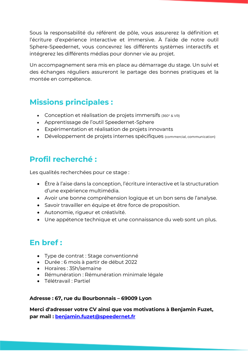 Speedernet_Fr's tweet photo. Speedernet est à la recherche de nouveaux talents 💼 

Nous recrutons un Concepteur Multimédia / Immersif (H/F) pour un stage de 6 mois.

Pour postuler ⬇️
benjamin.fuzet@speedernet.fr

#Recrutement #Stage #Immersif #VR #VirtualReality #ImmersiveLearning #Edtech https://t.co/WdePr0vDHg