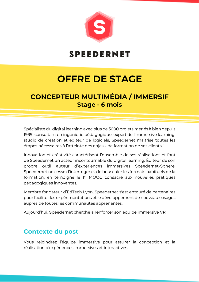 Speedernet_Fr's tweet photo. Speedernet est à la recherche de nouveaux talents 💼 

Nous recrutons un Concepteur Multimédia / Immersif (H/F) pour un stage de 6 mois.

Pour postuler ⬇️
benjamin.fuzet@speedernet.fr

#Recrutement #Stage #Immersif #VR #VirtualReality #ImmersiveLearning #Edtech https://t.co/WdePr0vDHg