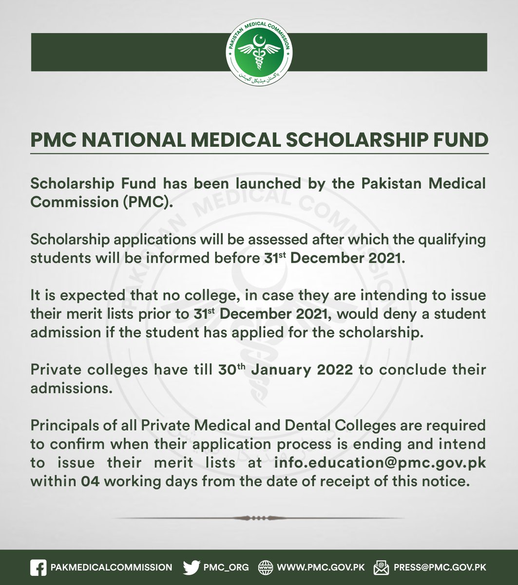 pmdcofficial's tweet photo. Official announcement regarding the PMC National Medical Scholarship Fund. https://t.co/WGPEodjklE