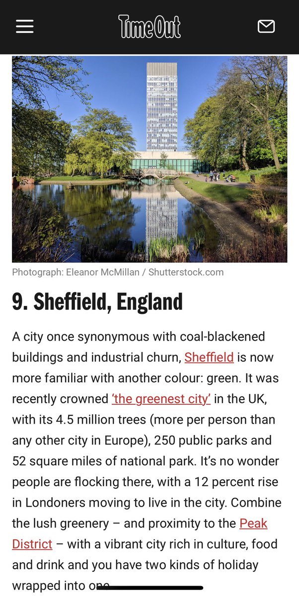 Great to see #Sheffield listed at No.9 (the top UK destination) in @TimeOutLondon’s 16 best city breaks in Europe for 2022.🙌 timeout.com/europe/things-… 👀 #TheOutdoorCity