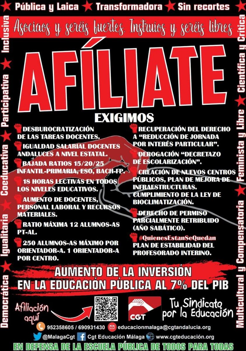 Por la recuperación de la dignidad docente, EXIGIMOS: 
👉18h lectivas en todos los niveles educativo. 
👉Igualdad salarial en todo el estado español
👉Recuperación de la reducción de jornada por interés particular
👉Derecho al permiso parcialmente retribuido. 
#AfíliateACGT