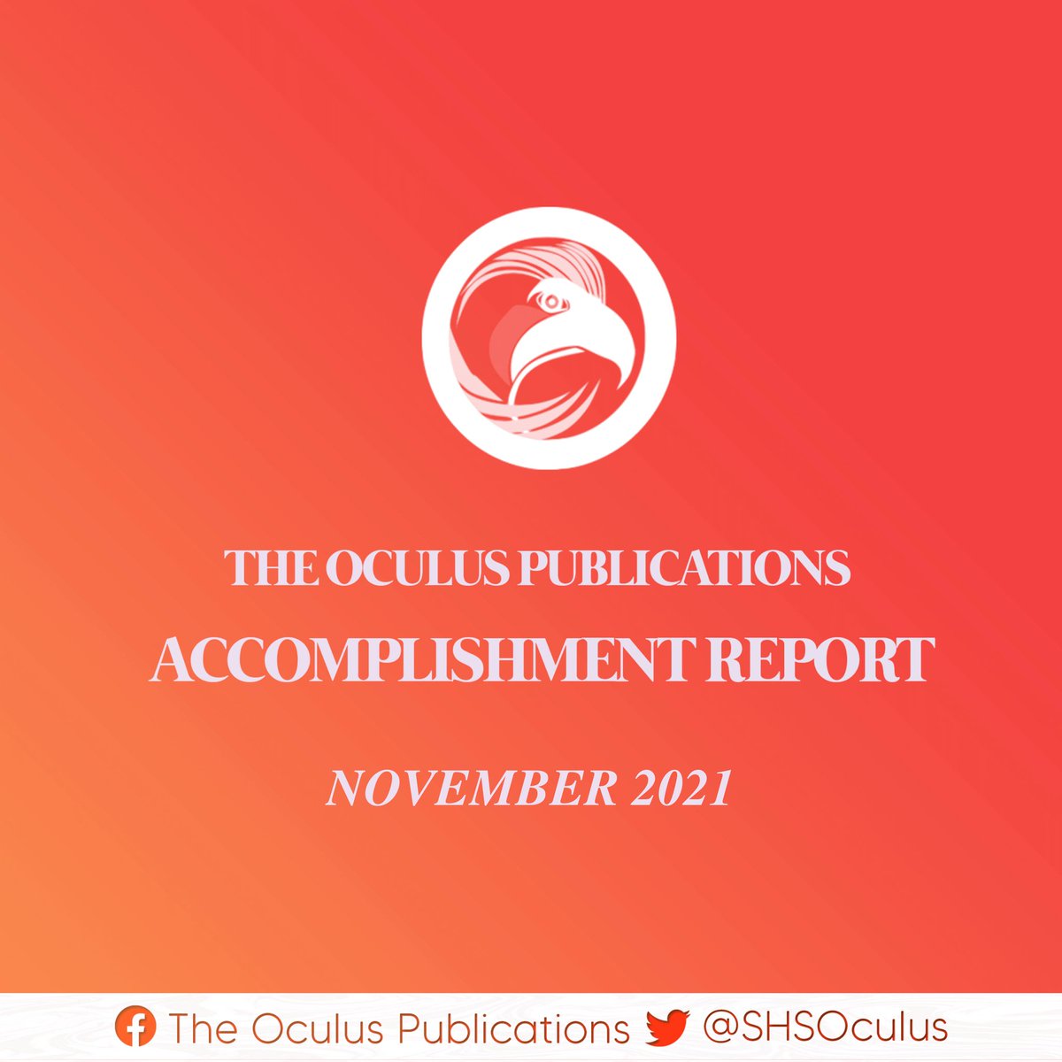SHSOculus's tweet photo. READ | Here's The Oculus Publications' accomplishment report for November 2021.
For the information of everyone.
#WithTruthAndCourage
#WeWriteWithPurpose https://t.co/ujbQqO9jbK