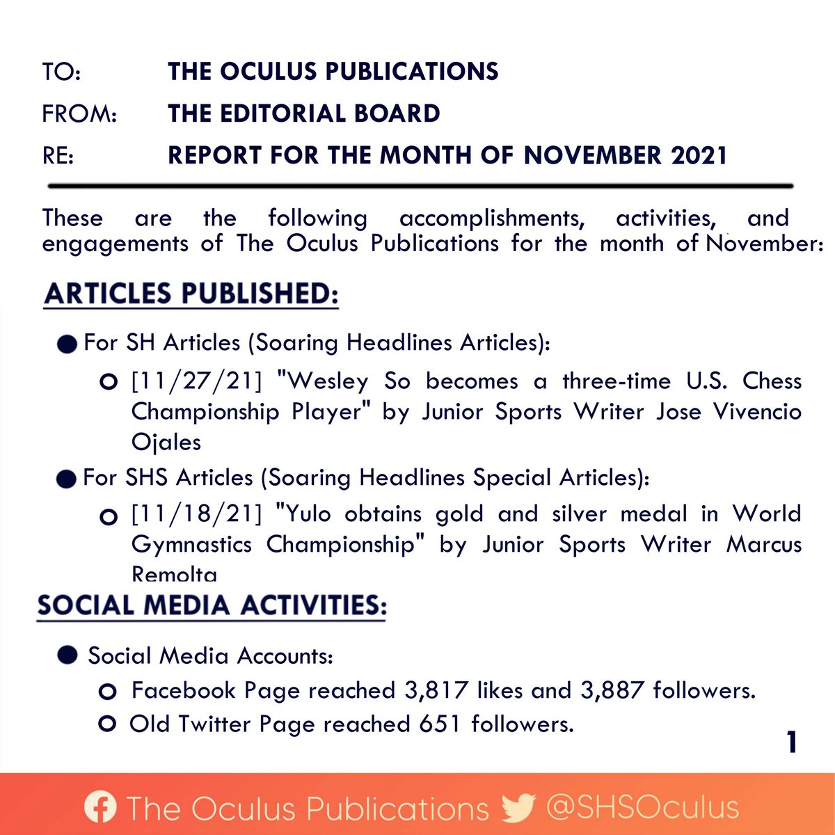 SHSOculus's tweet photo. READ | Here's The Oculus Publications' accomplishment report for November 2021.
For the information of everyone.
#WithTruthAndCourage
#WeWriteWithPurpose https://t.co/ujbQqO9jbK