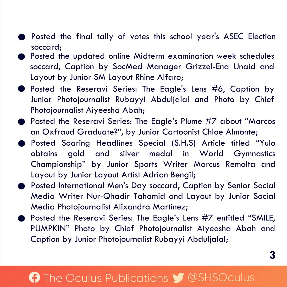 SHSOculus's tweet photo. READ | Here's The Oculus Publications' accomplishment report for November 2021.
For the information of everyone.
#WithTruthAndCourage
#WeWriteWithPurpose https://t.co/ujbQqO9jbK
