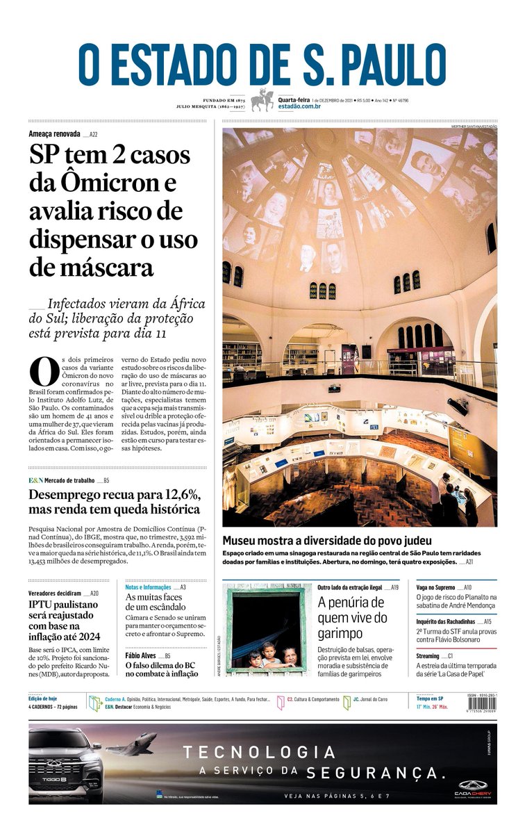 Estadao's tweet photo. CAPA: SP tem dois casos da Ômicron e avalia risco de dispensar o uso de máscara https://t.co/2IRCWIcq5H https://t.co/Tl3LPxywvB