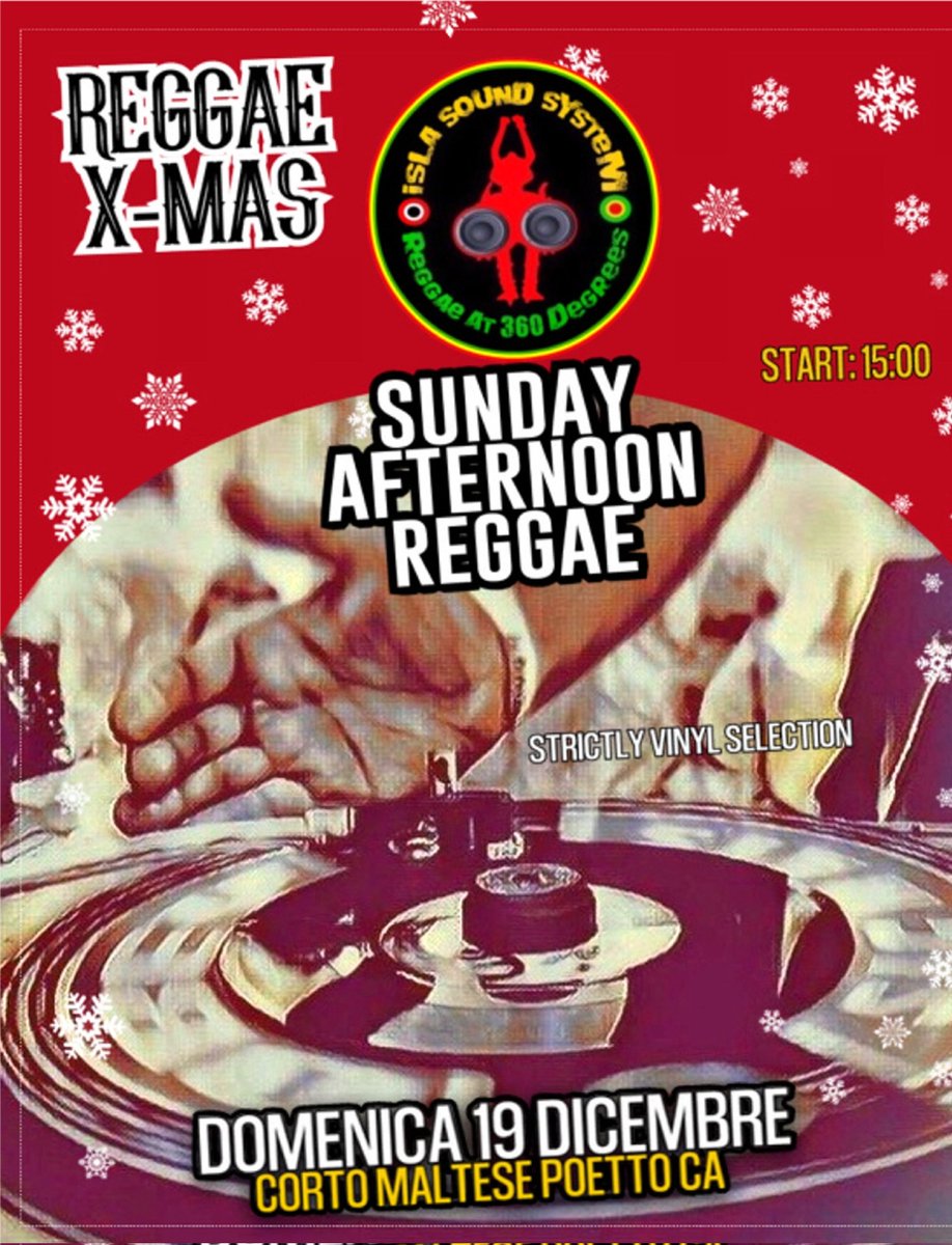 islasound's tweet image. DOMENICA 19 Dicembre AL @corto_maltese_poetto_
#sundayafternoonreggae 
#ReggaeXMas edition !! 
At the controls @islasound #reggae a 360 Gradi. Selezione strettamente in vinile ! Dalle 15:00 alle 19:00 disponibile zona al coperto  climatizzata. Dalle 19:00 #reggaechristmas  live!
