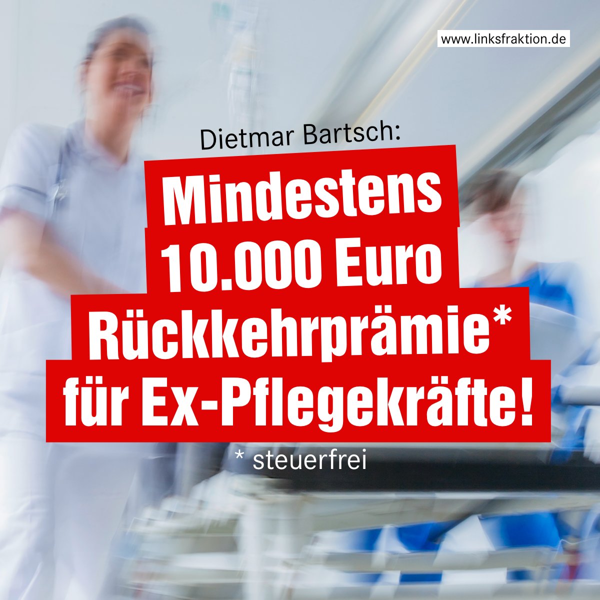 DietmarBartsch's tweet photo. Bis 2030 steigt die Zahl der Pflegebedürftigen auf 6 Mio. 182.000 #Pflegekräfte werden zusätzlich benötigt. Die #Ampel muss ENDLICH HANDELN: Bundesweites #Corona-#Notprogramm, mindestens 10.000 Euro steuerfreie Rückkehrprämie für Ex-Pflegekräfte! @tonline https://t.co/FXi0oV14Gg https://t.co/7qN9GlZBp7