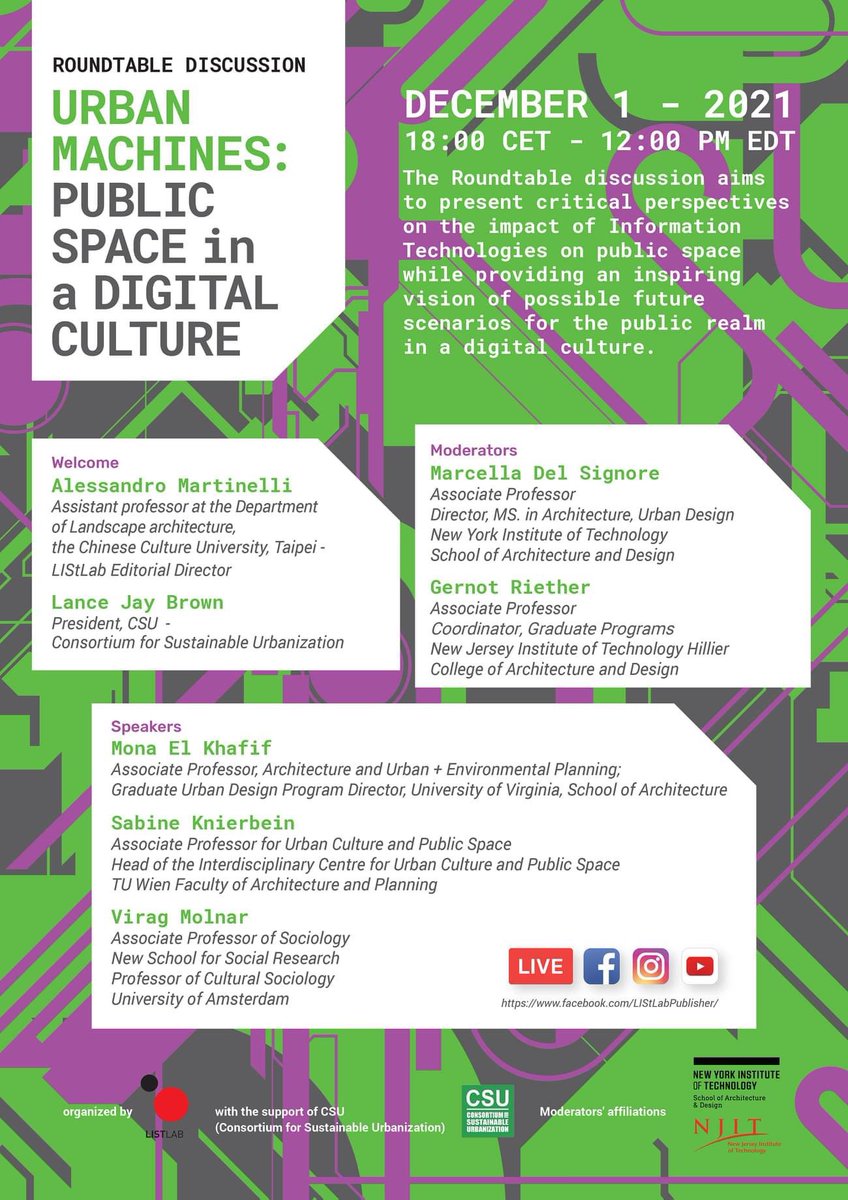 MaDelSignore's tweet photo. Join our Roundtable Discussion on PUBLIC SPACE IN A DIGITAL CULTURE on Wednesday, December 1 at 12:00PM EDT, 18:00 CET. The event is supported by the Consortium for Sustainable Urbanization and organized by Red ListLab Editore Publisher 
Register here: https://t.co/k4Voplwc7w https://t.co/cksI0BFDtB