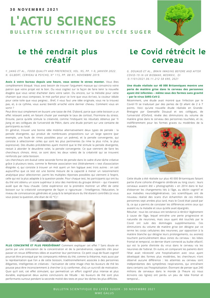#actuscience du 1er décembre 2021
#créativithé et l'impact de la #Covid sur notre cerveau