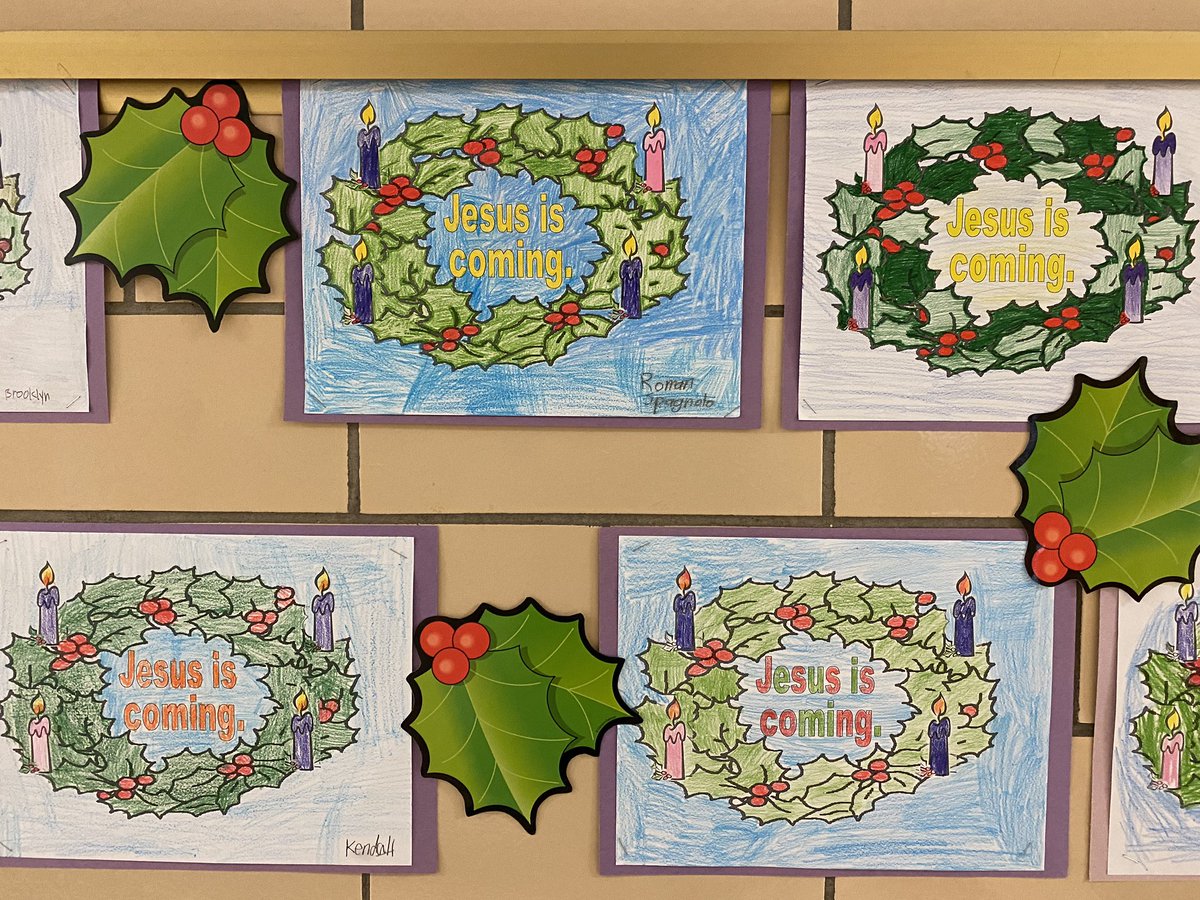 HolyCrossAcade2's tweet photo. The 4th and 5th grade hallway is absolutely beautiful.  What a great job they did on the advent wreath and pictures while we await the birth of Jesus. https://t.co/II8gUs5iEM