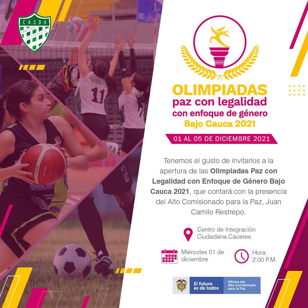 ComisionadoPaz's tweet photo. #Cáceres, Cauca | Estamos listos para dar inicio a las Olimpiadas de Paz con Legalidad con Enfoque de Género, Bajo Cauca 2021. Cerca de 1.600 mujeres de la región participarán de esta actividad deportiva, que le apuesta a la construcción de #PazConLegalidad. Aquí la programación https://t.co/BbhV3DJ9WJ