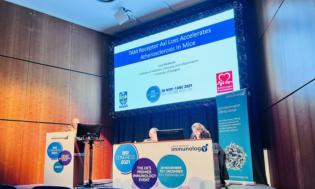 Our third <a href="/BSI_Inflam/">BSI Inflammation</a> #BSI21 speaker is Lucy McShane from <a href="/UofGlasgow/">University of Glasgow</a> presenting on how loss of TAM receptor Axl accelerates atherosclerosis in mice