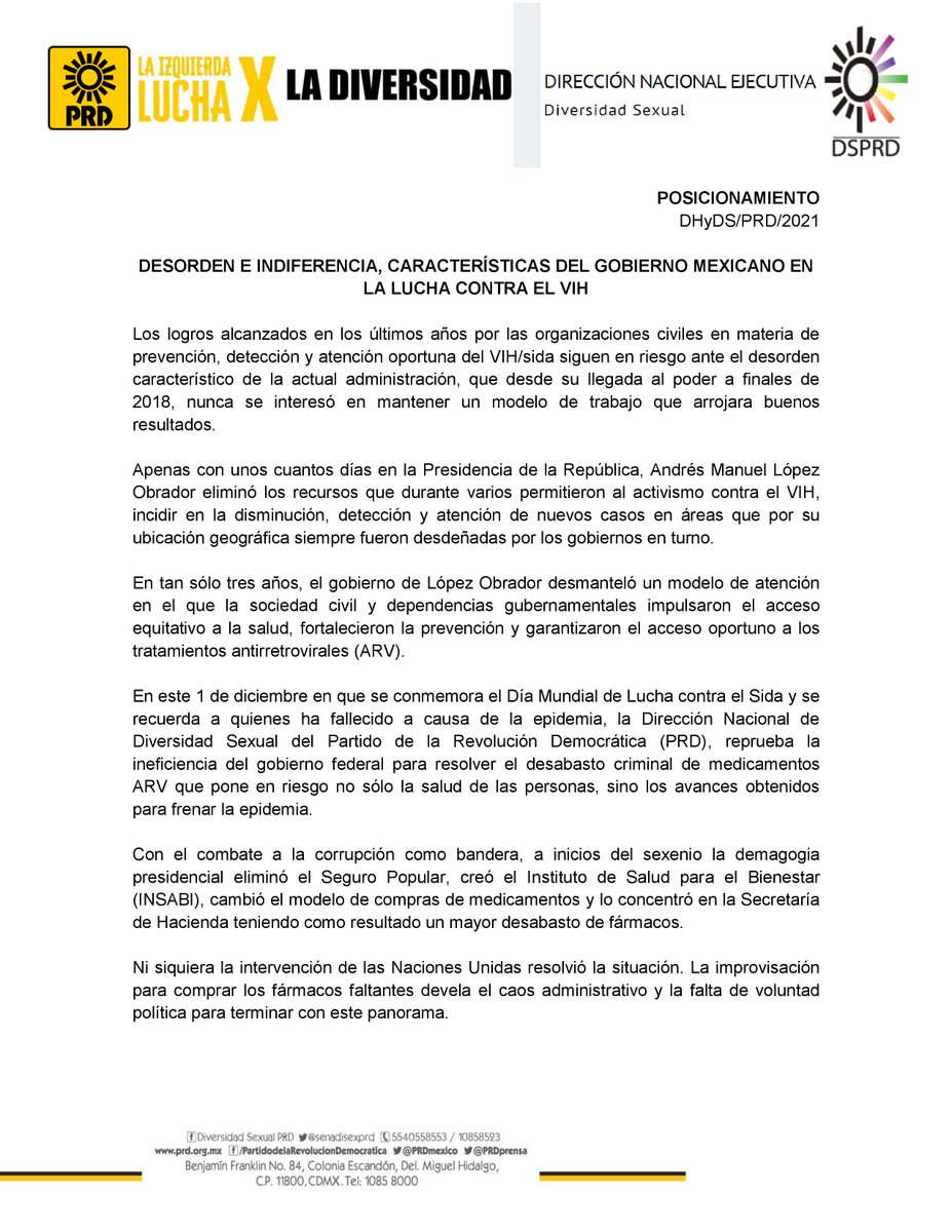 senadisexprd's tweet photo. #DiaMundialdelSIDA | Los logros alcanzados por la sociedad civil en materia de prevención, detección y atención oportuna del #VIHSIDA siguen en riesgo ante el desorden característico de la actual administración. #VIHviendoSinEstigma  #1dediciembre2021 🎀🎀👇👇 https://t.co/lidRFj012J