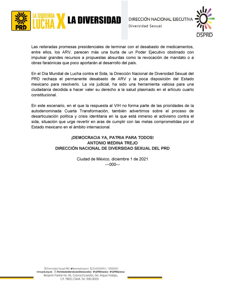 senadisexprd's tweet photo. #DiaMundialdelSIDA | Los logros alcanzados por la sociedad civil en materia de prevención, detección y atención oportuna del #VIHSIDA siguen en riesgo ante el desorden característico de la actual administración. #VIHviendoSinEstigma  #1dediciembre2021 🎀🎀👇👇 https://t.co/lidRFj012J
