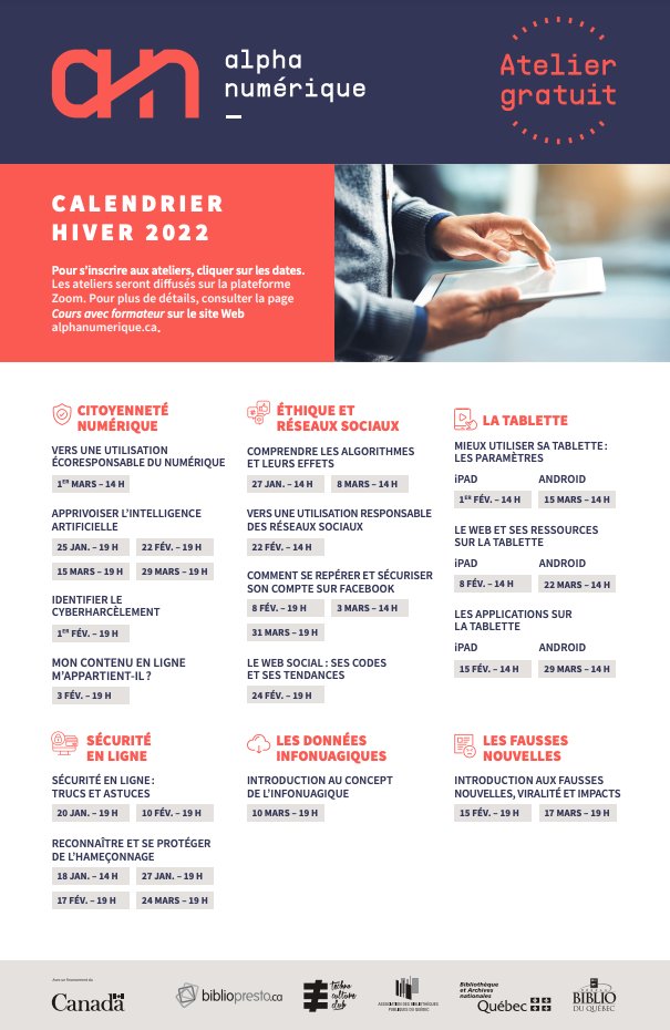 AlphaNumérique offre plusieurs ateliers gratuits cet hiver! 💻
Pour plus d'information et pour vous inscrire, veuillez consulter ce lien alphanumerique.ca/espace-public/…
