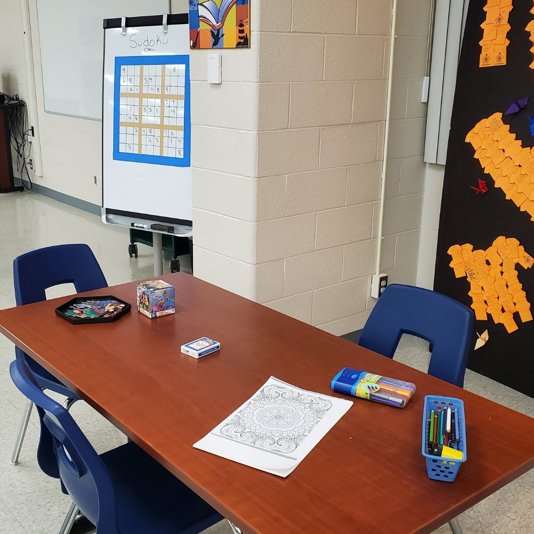 Our Makerspace is growing! We have puzzles, colouring, playing cards, and sudoku. Come check it out in the library!