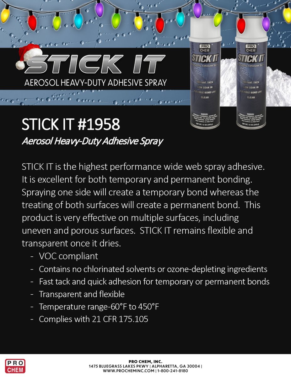 ProChemInc's tweet photo. STICK IT is the highest performance wide web spray adhesive. This product is VOC compliant and provides quick adhesion for temporary or permanent bonds. Contact your local Pro Chem representative or call 800-241-8180 to find out more.
https://t.co/dc801tWKLq https://t.co/r5XNwPQcKb