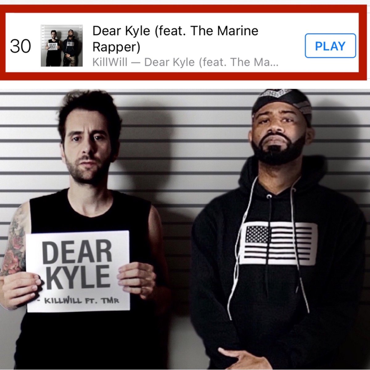 TheMarineRapper's tweet photo. YESSSSSSSSSSSS
We are #30 ! Lets get to # 1 !!! π₯
πΉ Buy Dear Kyle (feat. The Marine Rapper) - Single by KillWill https://t.co/AhYlwiKUo6
#killwill #themarinerapper #dearkyle https://t.co/9CfKfPkJdu