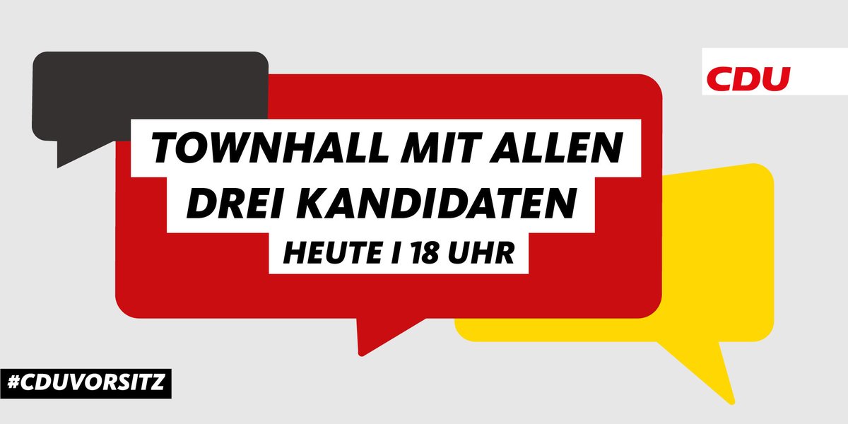 CDU's tweet photo. Heute 18:00 Uhr – LIVE aus dem Konrad-Adenauer-Haus: Die Townhall mit allen drei Kandidaten um den #CDUVorsitz! @HBraun, @_FriedrichMerz und @n_roettgen. 🗣
🎥 https://t.co/zb9m17c73j, Facebook & YouTube
📺 Phoenix https://t.co/eRLRJJVJat
