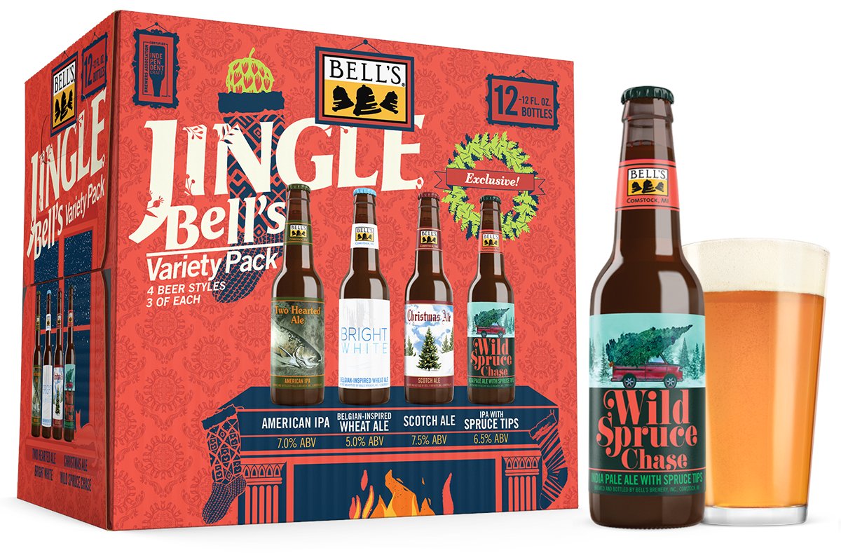 JINGLE BELL'S There's a present for everyone in this Bell's Variety Pack! Included in the 2021 release are Two Hearted, Bright White, Christmas Ale, and an exclusive - Wild Spruce Chase! Each variety pack includes three 12 oz. bottles of each beer. AVAILABLE NOW!