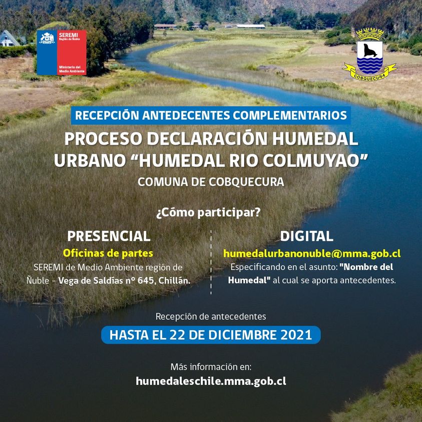 asach_ambiente's tweet photo. Hasta el miércoles 22-Dic puedes aportar con antecedentes complementarios para el proceso de declaración de Humedal Urbano del "Humedal Río Colmuyao", comuna de Cobquecura.
Puedes enviar los antecedentes a humedalurbanonuble@mma.gob.cl https://t.co/zIfCXOJ0yq