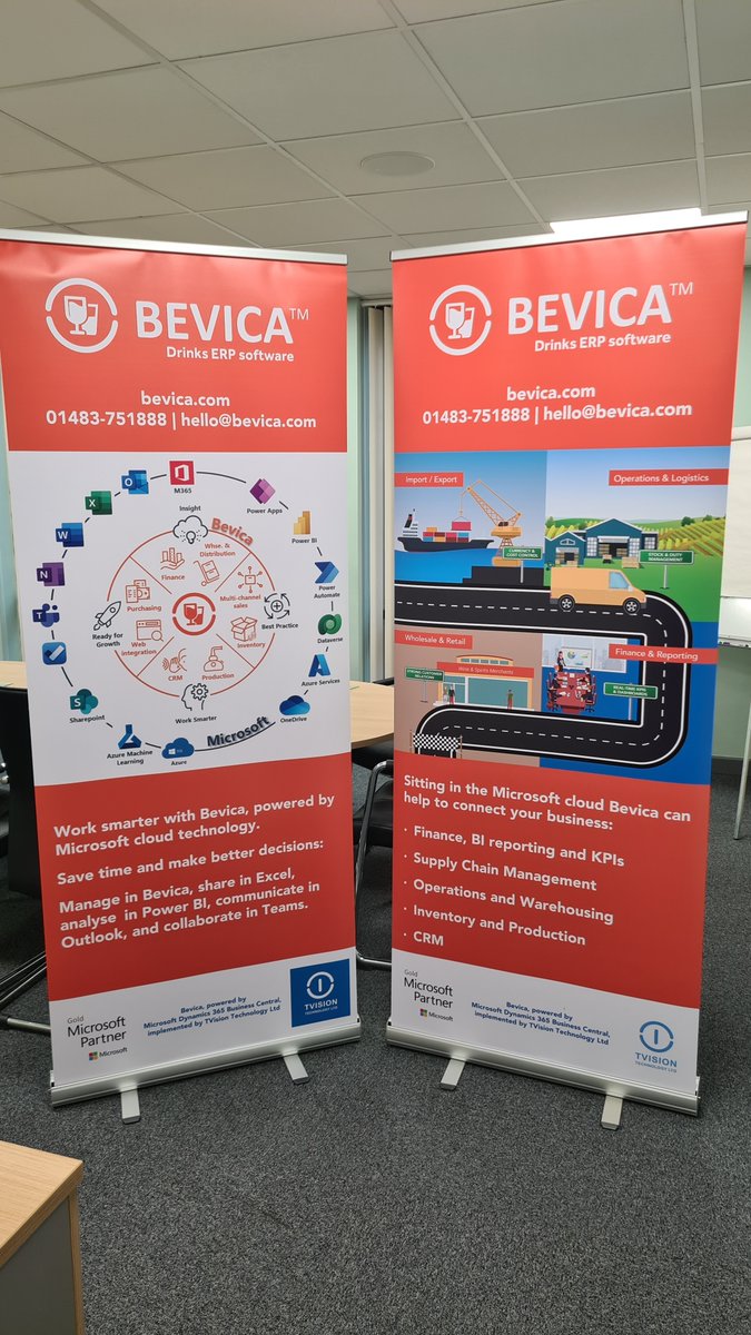 Bevica's tweet photo. Our new #banners just arrived from @MarlerHaley ready for an event tomorrow. They look great 👍🙂#MSdyn365BC #Drinks #ERP https://t.co/VWoNZapdDl