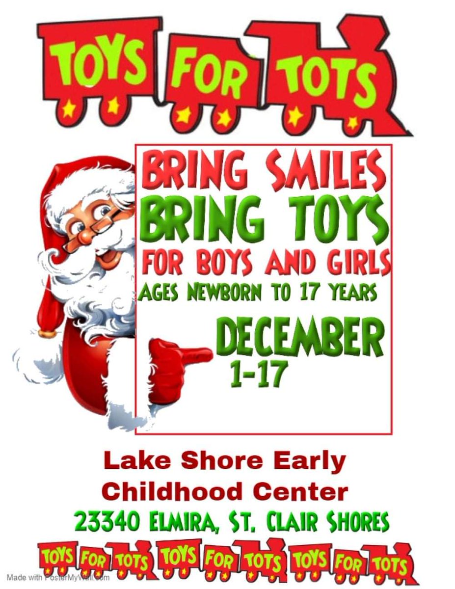 Lake Shore Early Childhood Center (@lakeshoreecc) on Twitter photo It's time for our 2nd annual Toys for Tots Campaign. From now until December 17th, we will be collecting new, unwrapped toys for children in need. Please drop off toys at <a href="/LakeShoreECC/">Lake Shore Early Childhood Center</a> or <a href="/NLHSBarracudas/">North Lake High School</a>. Thank you for all of the support! It's time for our 2nd annual Toys for Tots Campaign. From now until December 17th, we will be collecting new, unwrapped toys for children in need. Please drop off toys at <a href="/LakeShoreECC/">Lake Shore Early Childhood Center</a> or <a href="/NLHSBarracudas/">North Lake High School</a>. Thank you for all of the support!