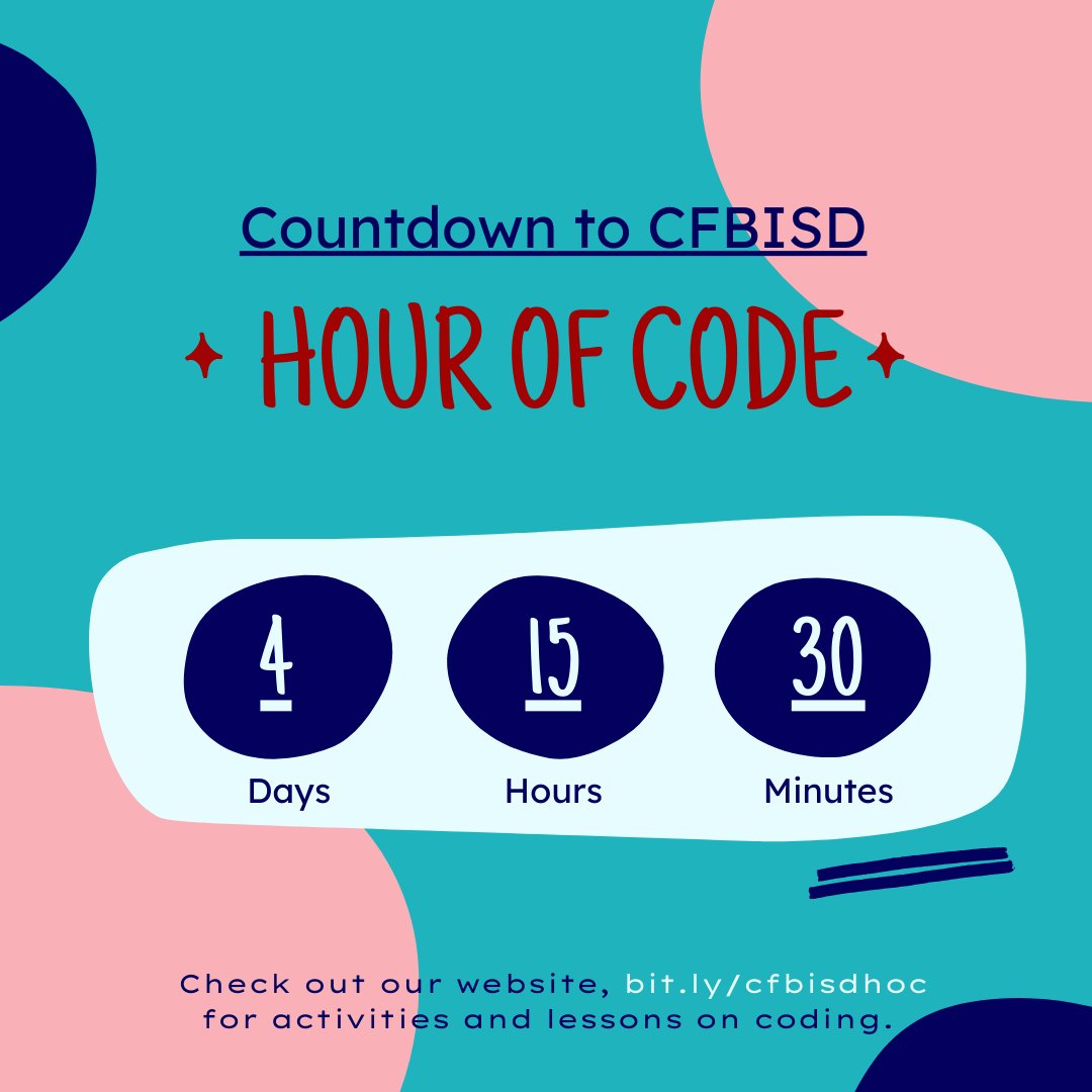 CFBDLS's tweet photo. Join @CFBCoding in an #HourOfCode December 6-12. 💻 Check back here or on our website https://t.co/UGeGYk0MOJ for more information, including lessons, activities to do with your students, and a chance to win an Amazon Gift Card!  
.
.
.
#CFBCodes #HourOfCode #CodeOrg #CFBISD https://t.co/rdgusWIC15