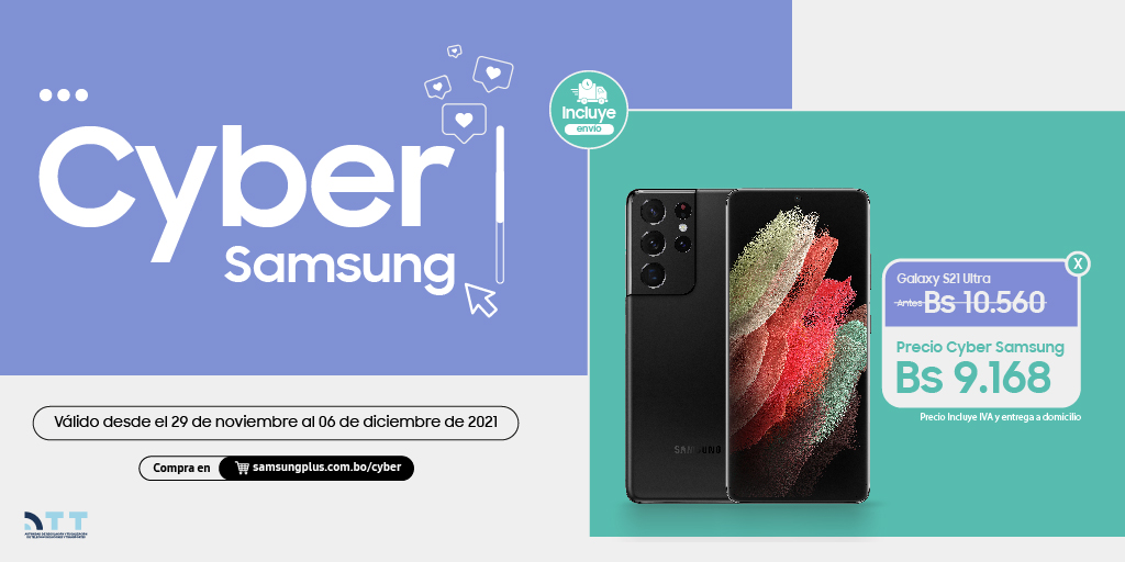Samsung_Bolivia's tweet photo. Compra el Galaxy S21 Ultra 256GB por solo Bs 9.168.¡No dejes pasar este increíble precio! Válido solo para compras online. Bases legales en https://t.co/9lvRF5q1cM
#CyberSamsung #SamsungBolivia https://t.co/eoinXZKssm