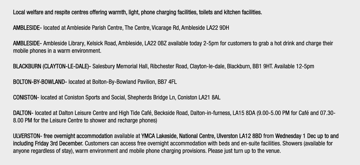 NYorkshireTony's tweet photo. If you still don’t have power, there are a number of respite facilities open. You can head to YMCA Lakeside on Windermere for free accommodation too - just turn up - (Address below) https://t.co/ULqVOp4bbZ