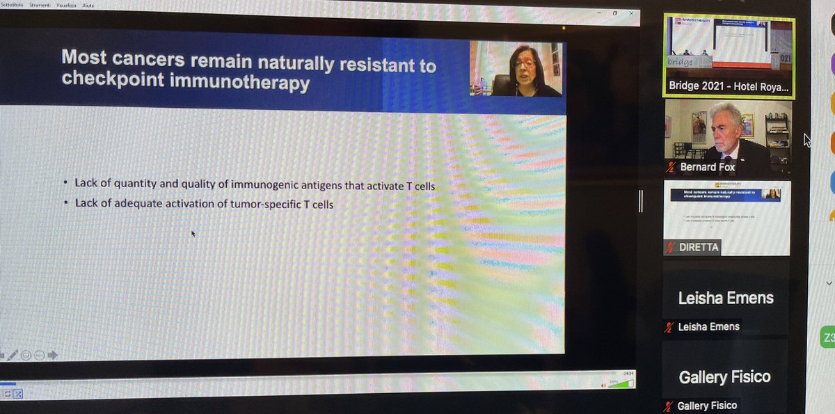 BernardAFox's tweet photo. @DrLizJaffee #pancreaticcancer Guru @hopkinskimmel @HopkinsMedicine great talk! Reviews findings of #immunotherapy trials/lots of unpublished data suggesting triplet of #cancer #vaccine + #41BB + #PD1 give more activ T cells @FondMelanoma #IOBridge2021 @sitcancer @PAscierto https://t.co/9iWW3rnerm