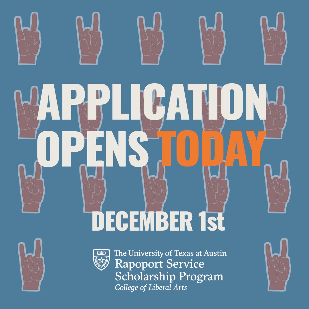 UT_Rapoport's tweet photo. Passionate about leadership, community, and service? Apply to the Rapoport Service Scholarship Program today! Don’t miss out on the opportunity to receive a $30,000 scholarship and become a part of our new cohort of world changers 🤘 https://t.co/Wsr5CTCQd4