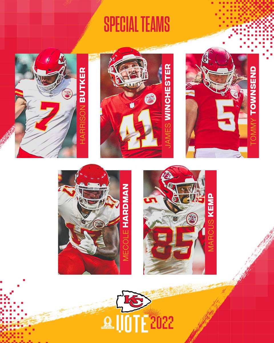 Chiefs's tweet photo. RT to send our specialists to the Pro Bowl! 💪

#ProBowlVote + @buttkicker7
#ProBowlVote + @tommy_townsend
#ProBowlVote + @J_Winchester41
#ProBowlVote + @MecoleHardman4
#ProBowlVote + @MarcusDKemp https://t.co/ywzCj720mF