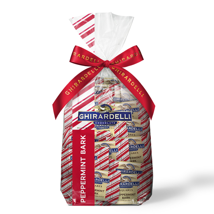Nothing signifies the start of the Christmas season like this Ghirardelli Peppermint Bark Chocolate Squares Gift Bag. This holiday candy gift bag features individually wrapped Ghirardelli Peppermint Bark Squares, a best selling holiday flavor with iconic packaging