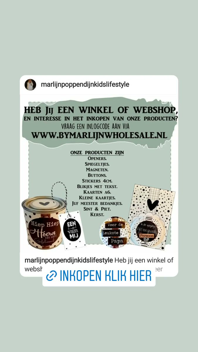 Heb jij een winkel of webshop, en interesse in het inkopen van onze producten? Vraag dan een inlogcode aan via bymarlijnwholesale.nl 
Voor onze producten zoals A6 kaarten, kleine kaartjes,buttons,spiegeltjes, openers,  magneten,stickers,blikjes met tekst, juf meester bedankjes