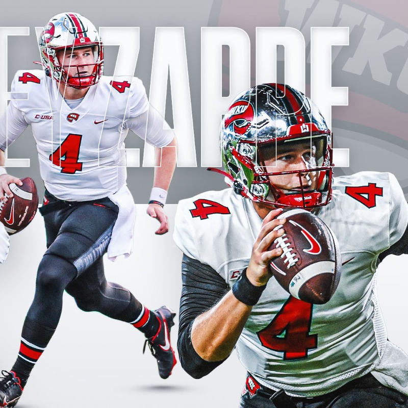 TampaBayTre's tweet photo. In 2019, we all watched Joe Burrow set the CFB record with 60 TD passes in a single season.

Now, in 2021, there's a QB at @WKUFootball who could very well break it.

That QB is Bailey Zappe — once an FCS afterthought, now an FBS record-breaker.

My latest feature for @PFF ⤵️