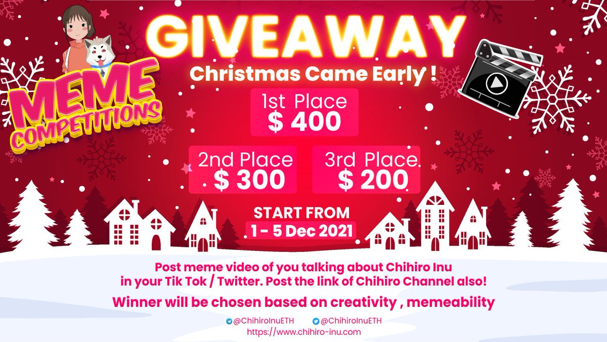 Christmas Came Early!

Win the prize by posting Meme video of you talking about Chihiro to others!

Follow below instructions 

#ChiroArmy #CHIHIRO #ETHEREUM
