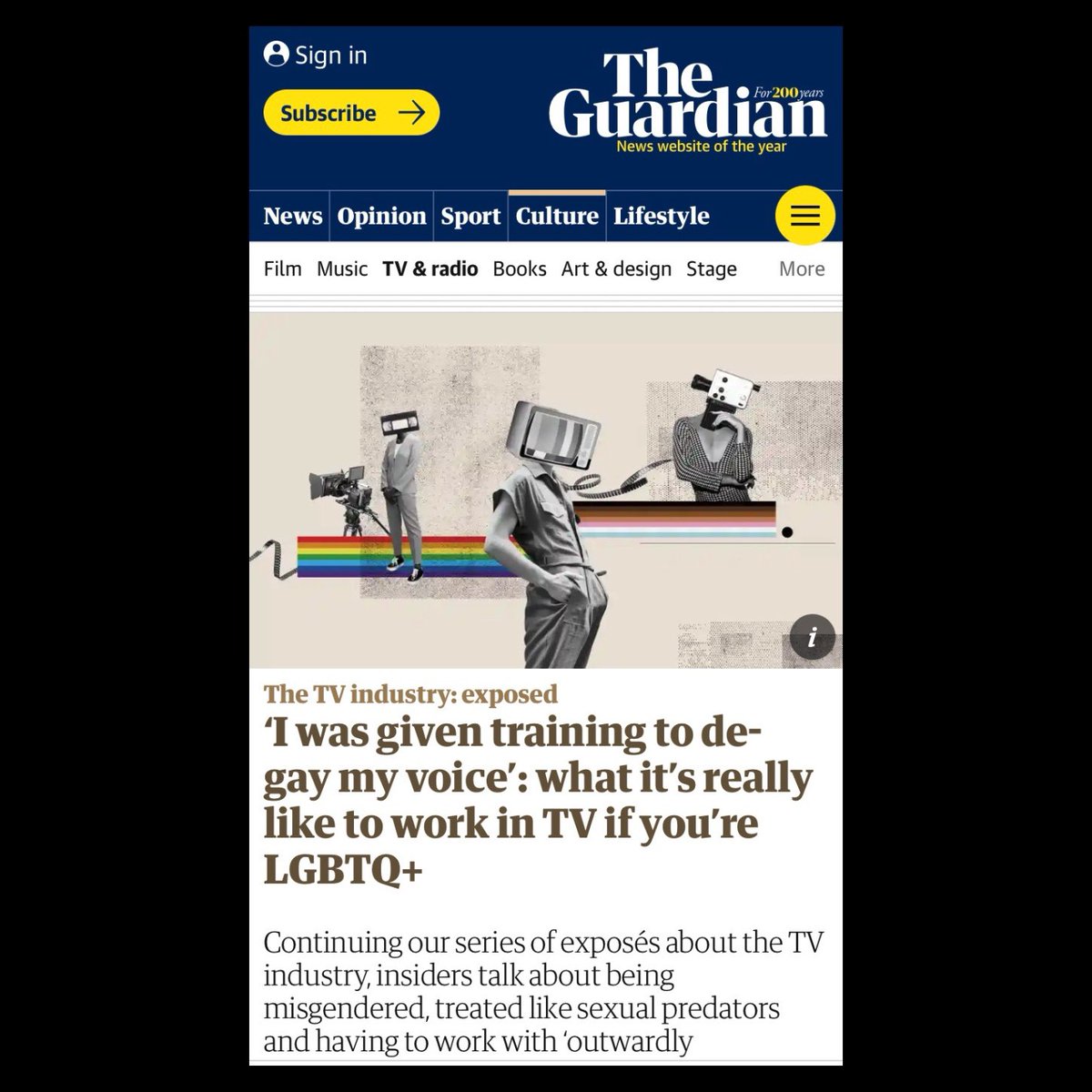 ‘I was given training to de-gay my voice’: what it’s really like to work in TV if you’re LGBTQ+

bit.ly/31jgn3W

LGBTQ+ © 2021 Barbara Gibson for <a href="/guardian/">The Guardian</a> 

#collage #graphicdesign #editorial #editorialillustration #designagency #TheGuardian #lgbtq