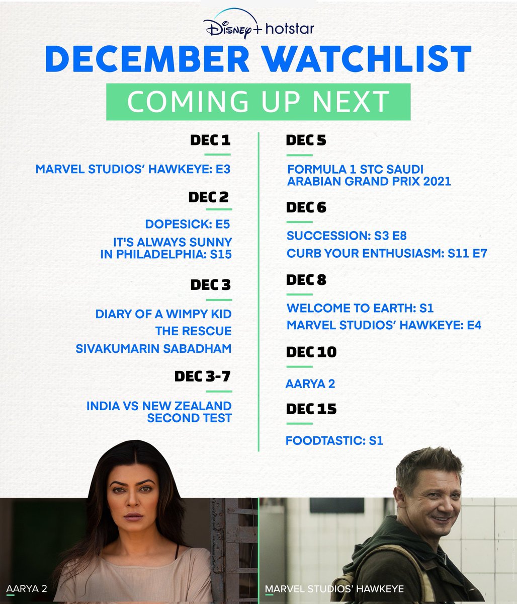 Disney+ Hotstar December 2021.
#Hawkeye #AaryaSeason2.
#SivakumarinSabadham.