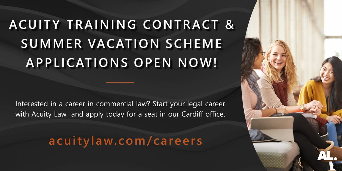 AcuityLaw's tweet photo. Calling all future lawyers! Acuity’s Summer Vacation Scheme and Training Contract applications for 2022/2023 are now open.
Apply now at https://t.co/Eo8lwwjq6M 
#LawStudent #LegalStudent #CardiffJLD #JuniorLawyers #TrainingContract #TraineeSolicitor #Paralegal #JLD #CareersInLaw https://t.co/TxjqGhqyo3